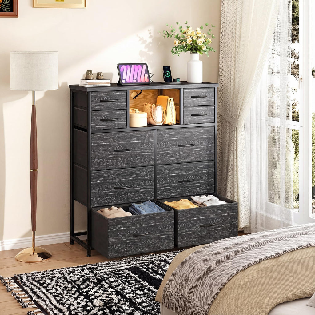Black 10 Drawer Dresser with Charging Station F726