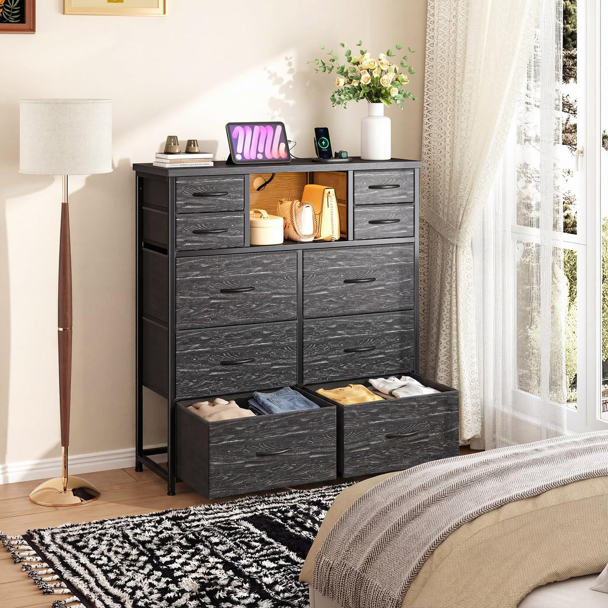 Black 10 Drawer Dresser with Charging Station F726