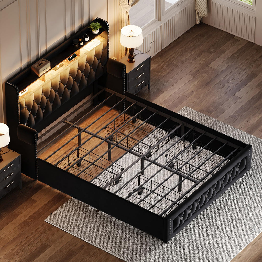 Queen Size Velvet Upholstered Platform Bed with 4 Storage Drawers K843114