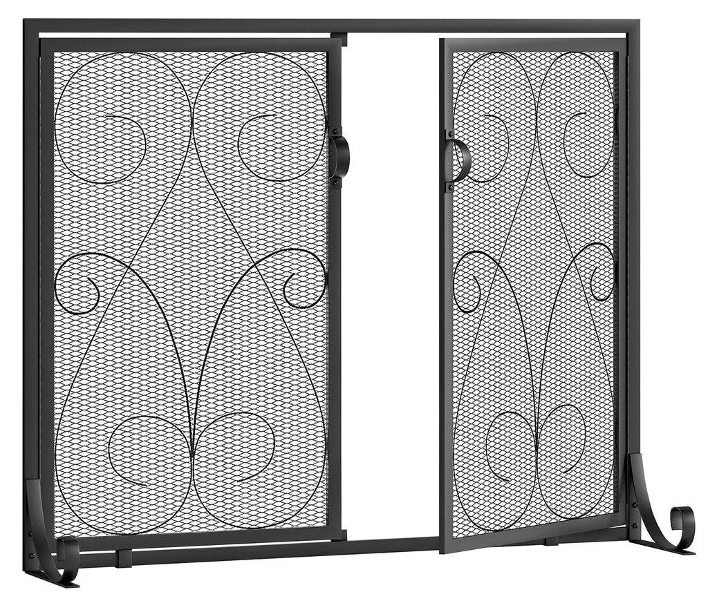 2-Panel Wrought Iron Fireplace Screen with Doors Black O754