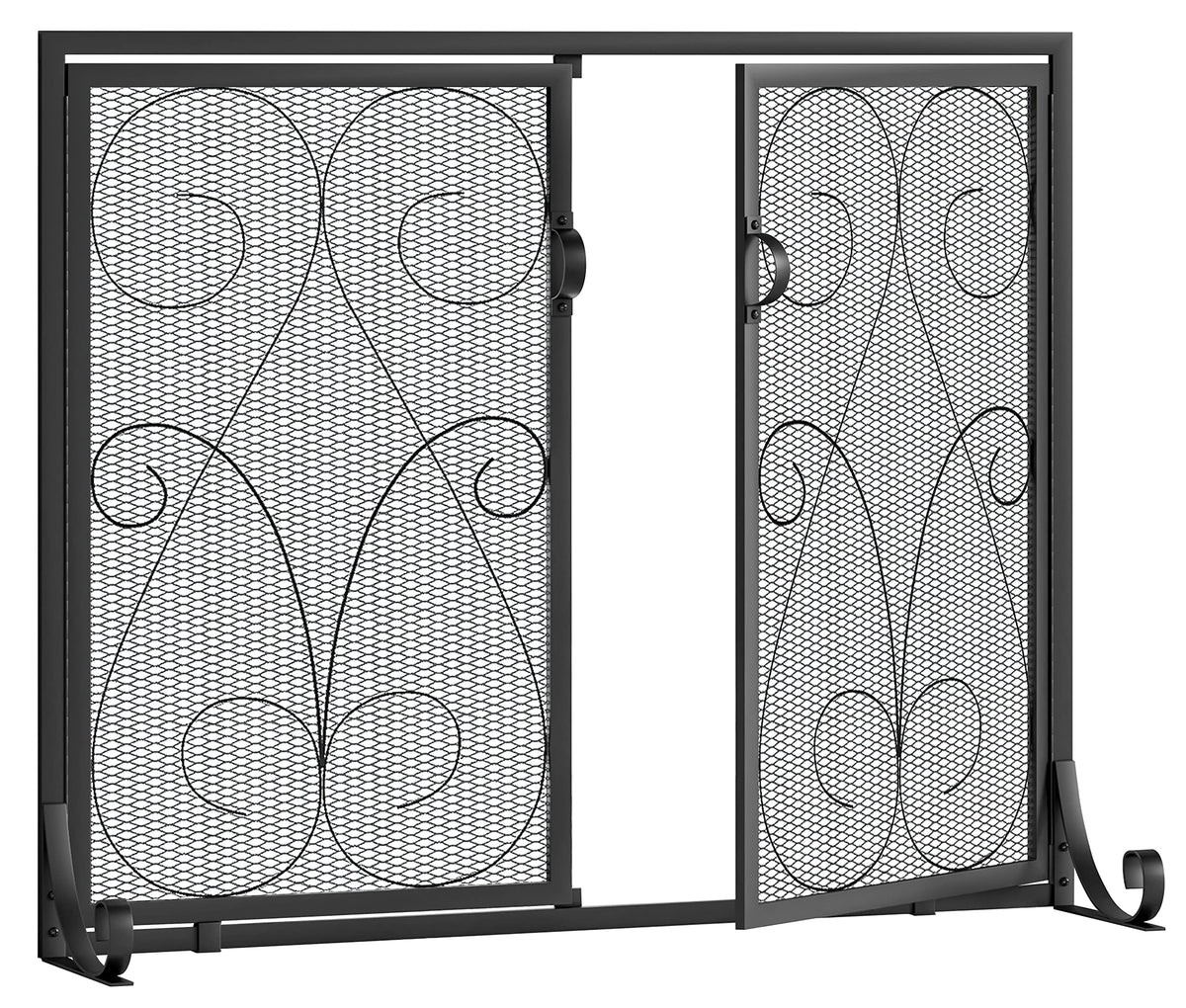 2-Panel Wrought Iron Fireplace Screen with Doors Black O754