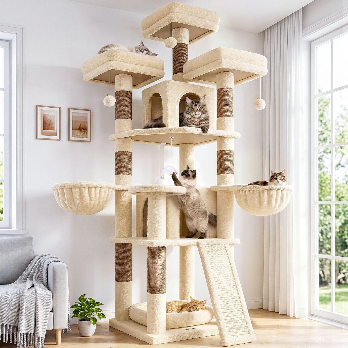 70 Inch Beige Cat Tower with Scratching Post D9414