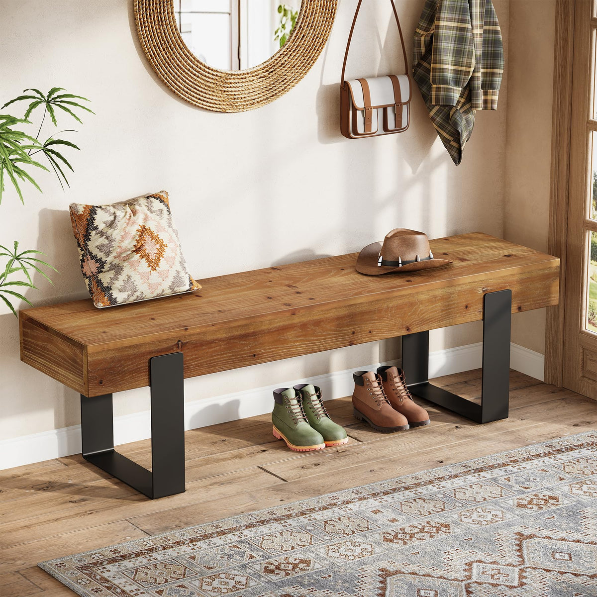 Solid Wooden Entryway Bench with Metal Legs T71925