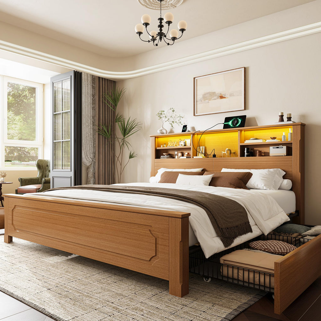 King Bed Frame with Headboard and Storage 4 Drawers Brown R341