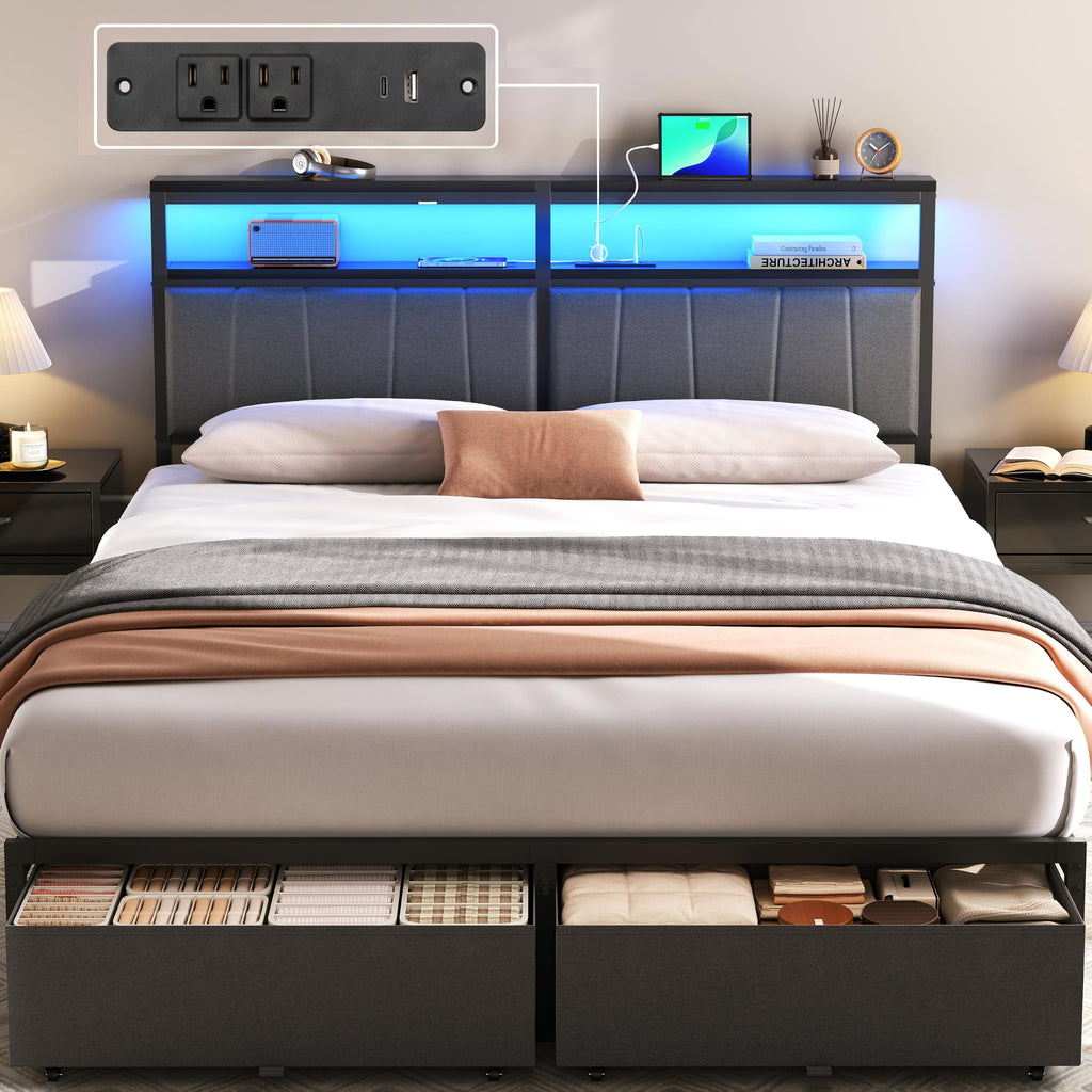 Queen Bed Frame with Storage Drawers and Charging Station X3296