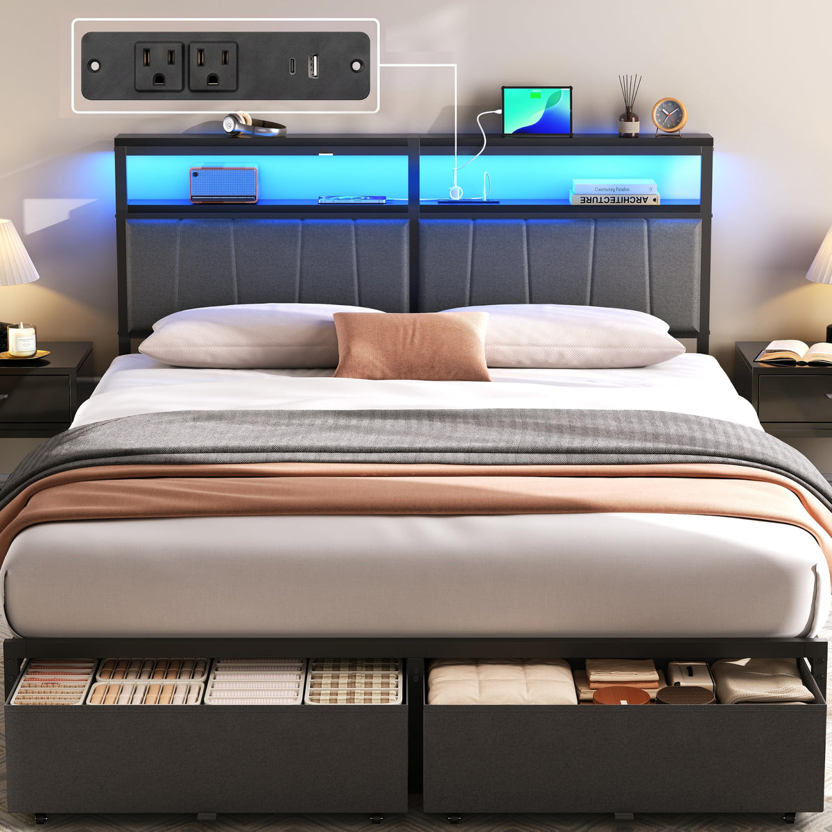 Queen Bed Frame with Storage Drawers and Charging Station X3296