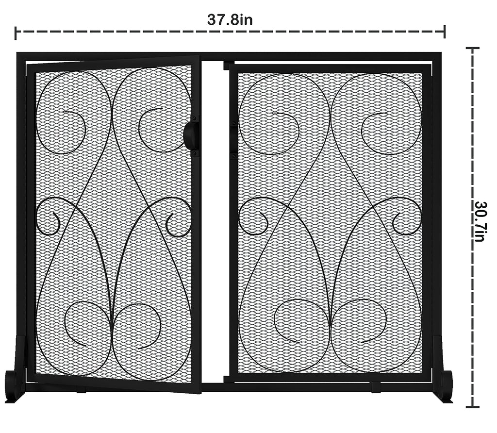 2-Panel Wrought Iron Fireplace Screen with Doors Black O754