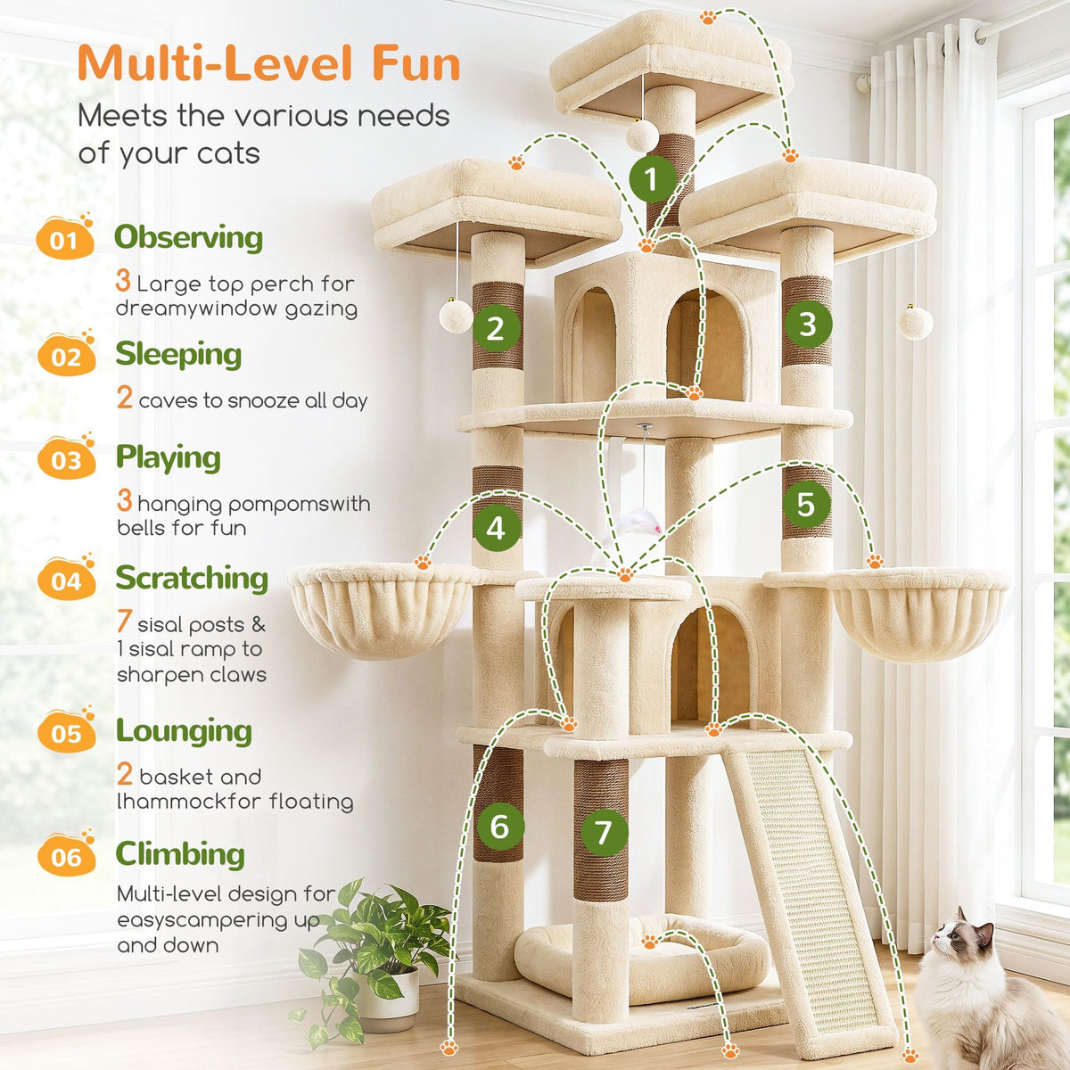 70 Inch Beige Cat Tower with Scratching Post D9414