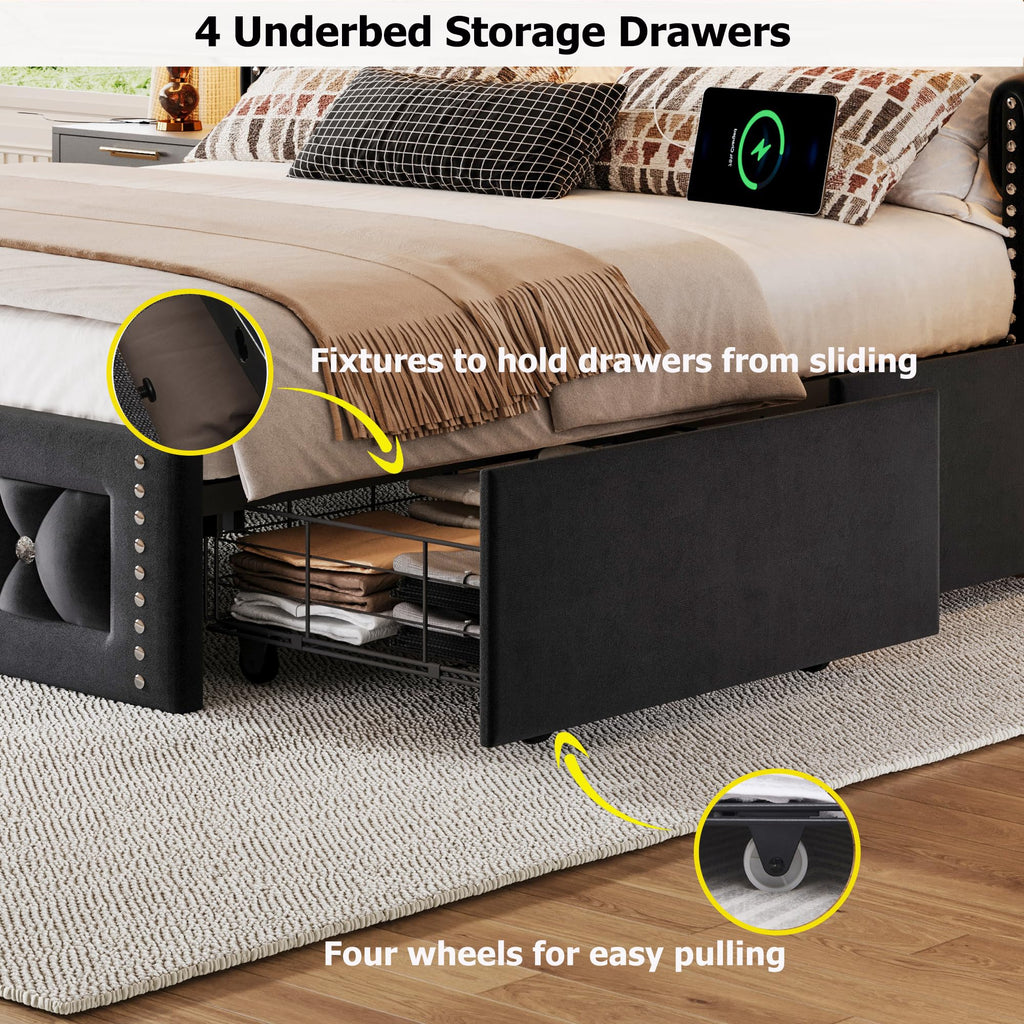 Queen Size Velvet Upholstered Platform Bed with 4 Storage Drawers K843114