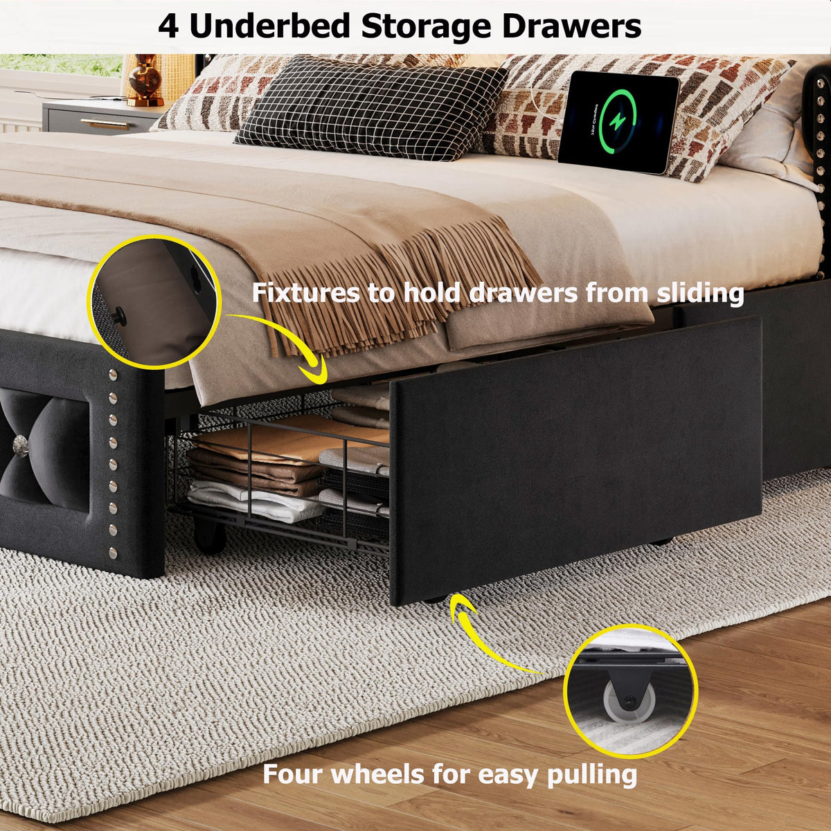 Queen Size Velvet Upholstered Platform Bed with 4 Storage Drawers K843114