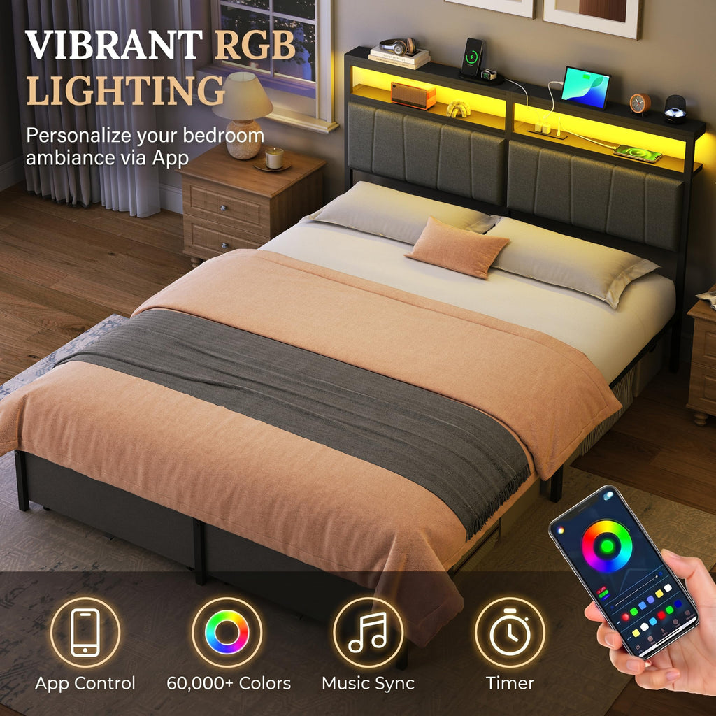 Queen Bed Frame with Storage Drawers and Charging Station X3296