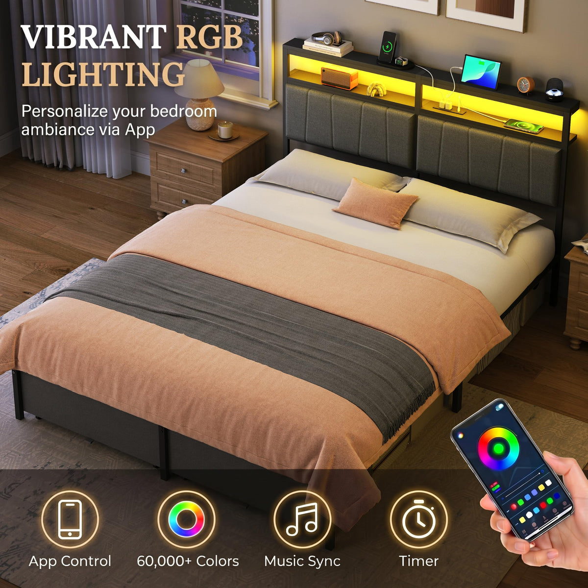 Queen Bed Frame with Storage Drawers and Charging Station X3296