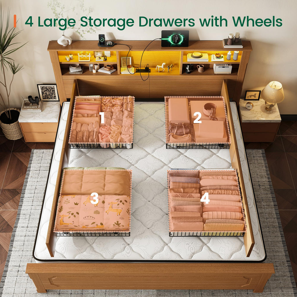 King Bed Frame with Headboard and Storage 4 Drawers Brown R341
