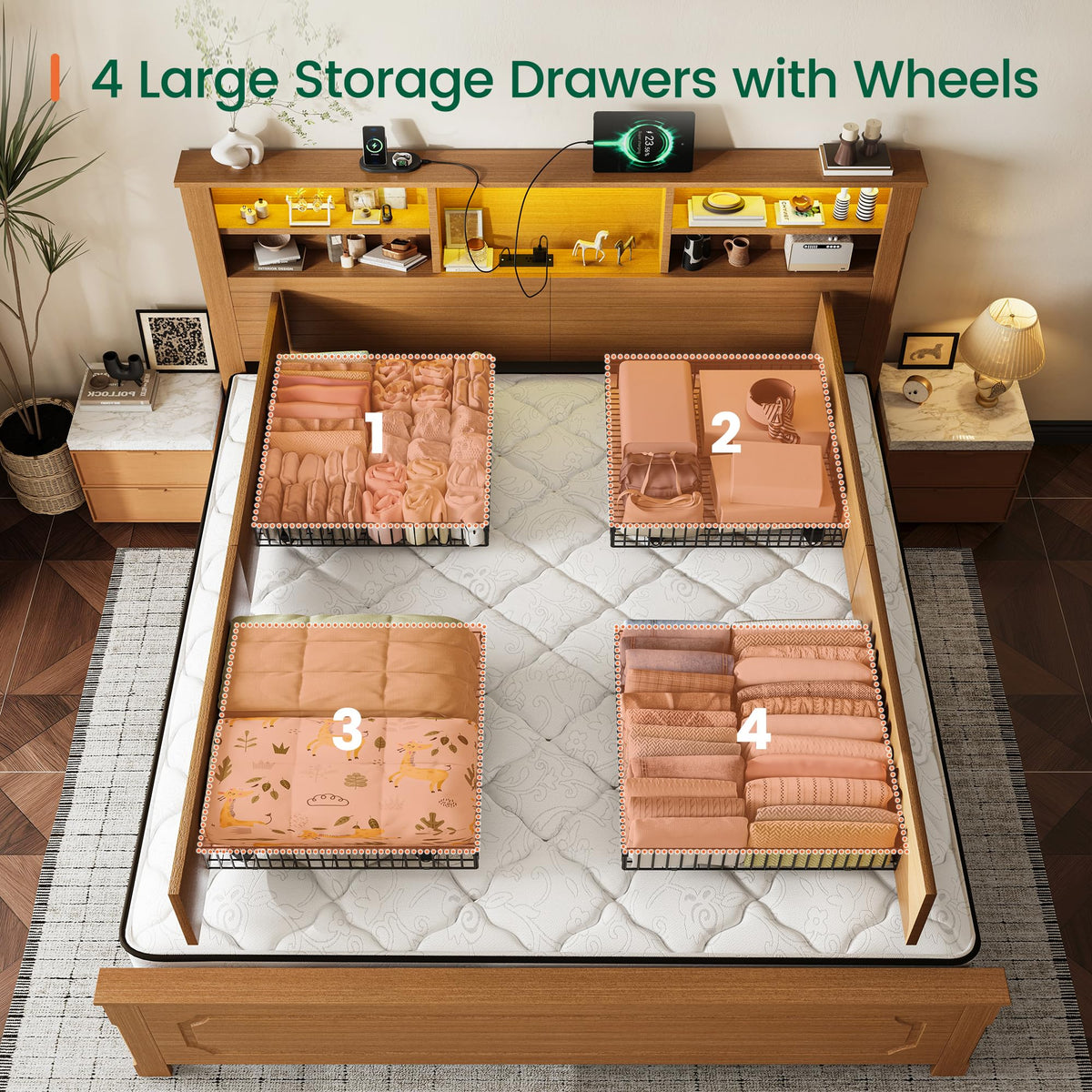 King Bed Frame with Headboard and Storage 4 Drawers Brown R341