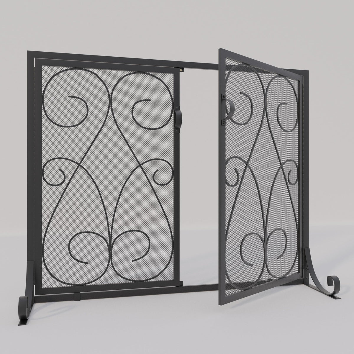 2-Panel Wrought Iron Fireplace Screen with Doors Black O754