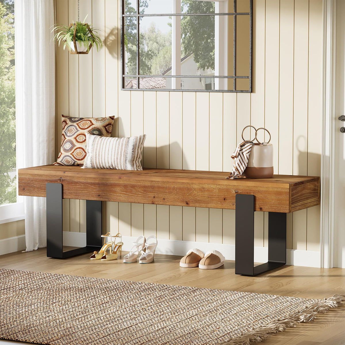 Solid Wooden Entryway Bench with Metal Legs T71925