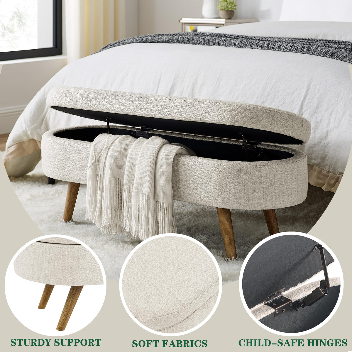 43.5" Beige Upholstered Storage Ottoman Bench G9659