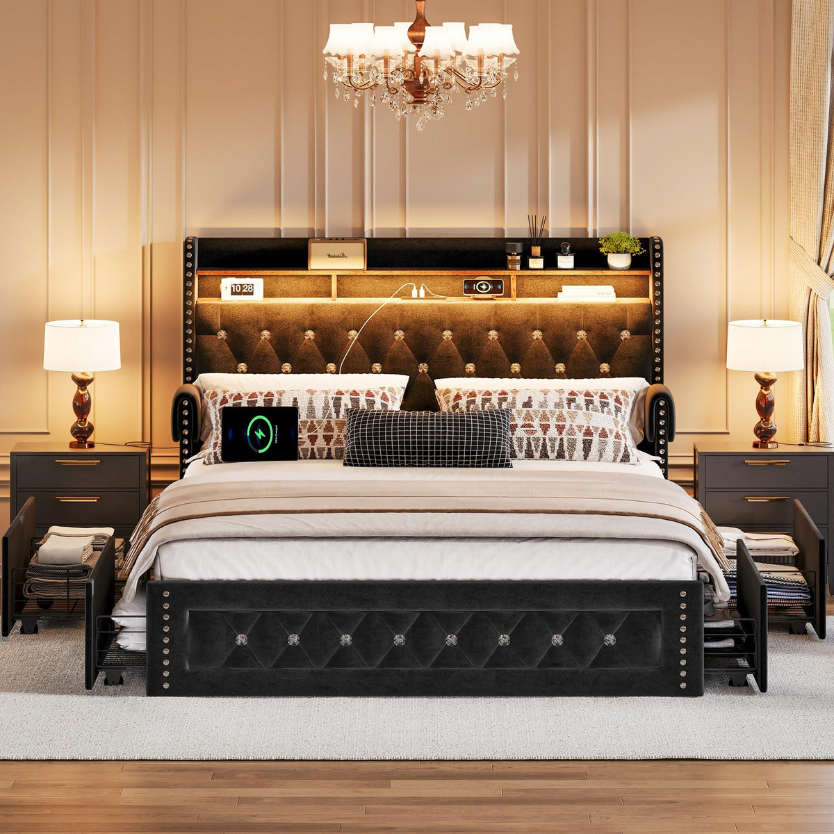 Queen Size Velvet Upholstered Platform Bed with 4 Storage Drawers K843114