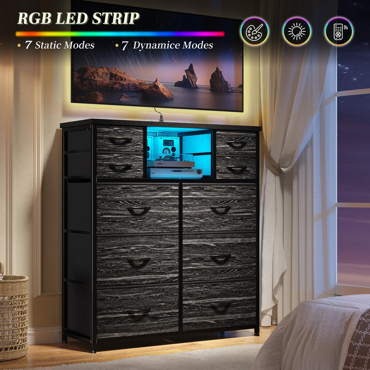 Black 10 Drawer Dresser with Charging Station F726