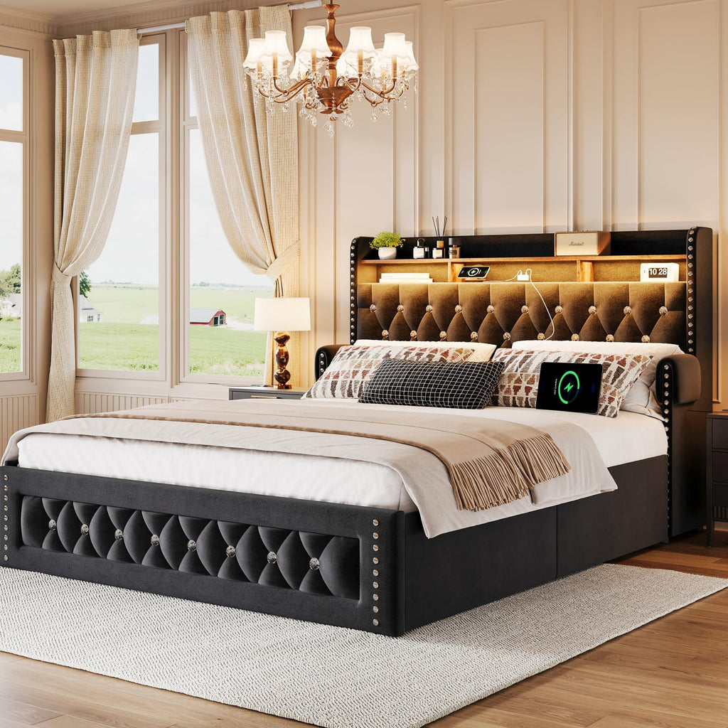 Queen Size Velvet Upholstered Platform Bed with 4 Storage Drawers K843114