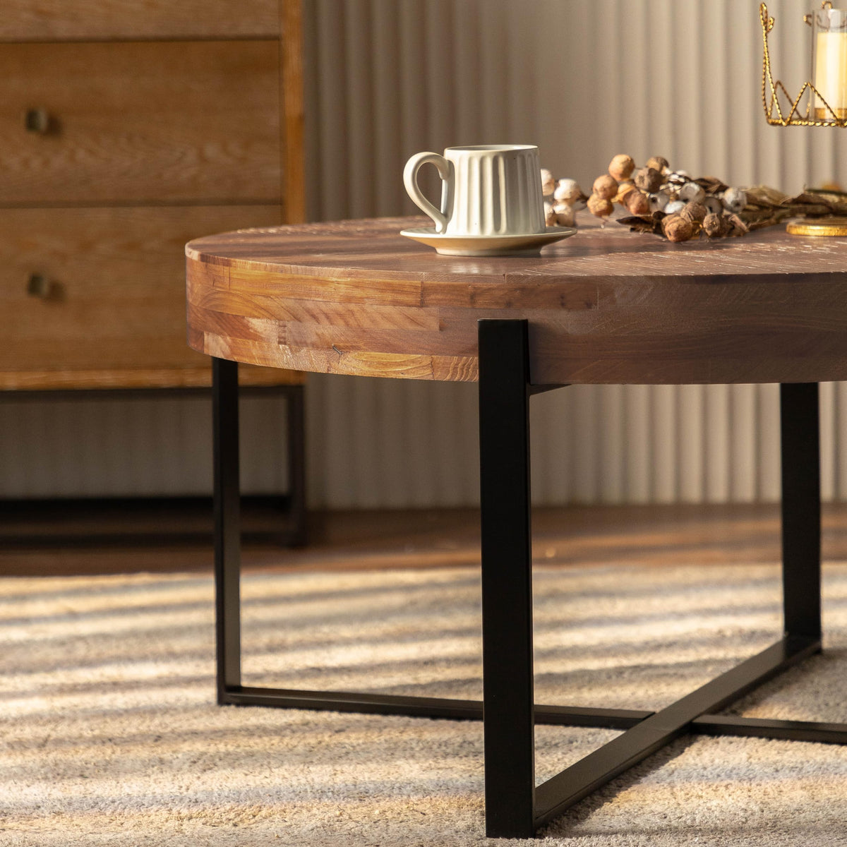 Round Wood Coffee Table with Metal Base A1883