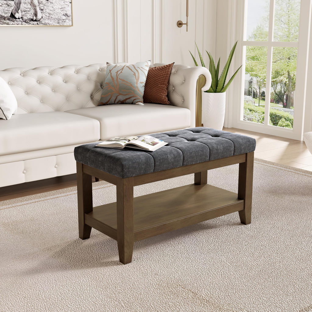Dark Gray Rubber Wood Chenille Upholstered Shoe Bench O317510
