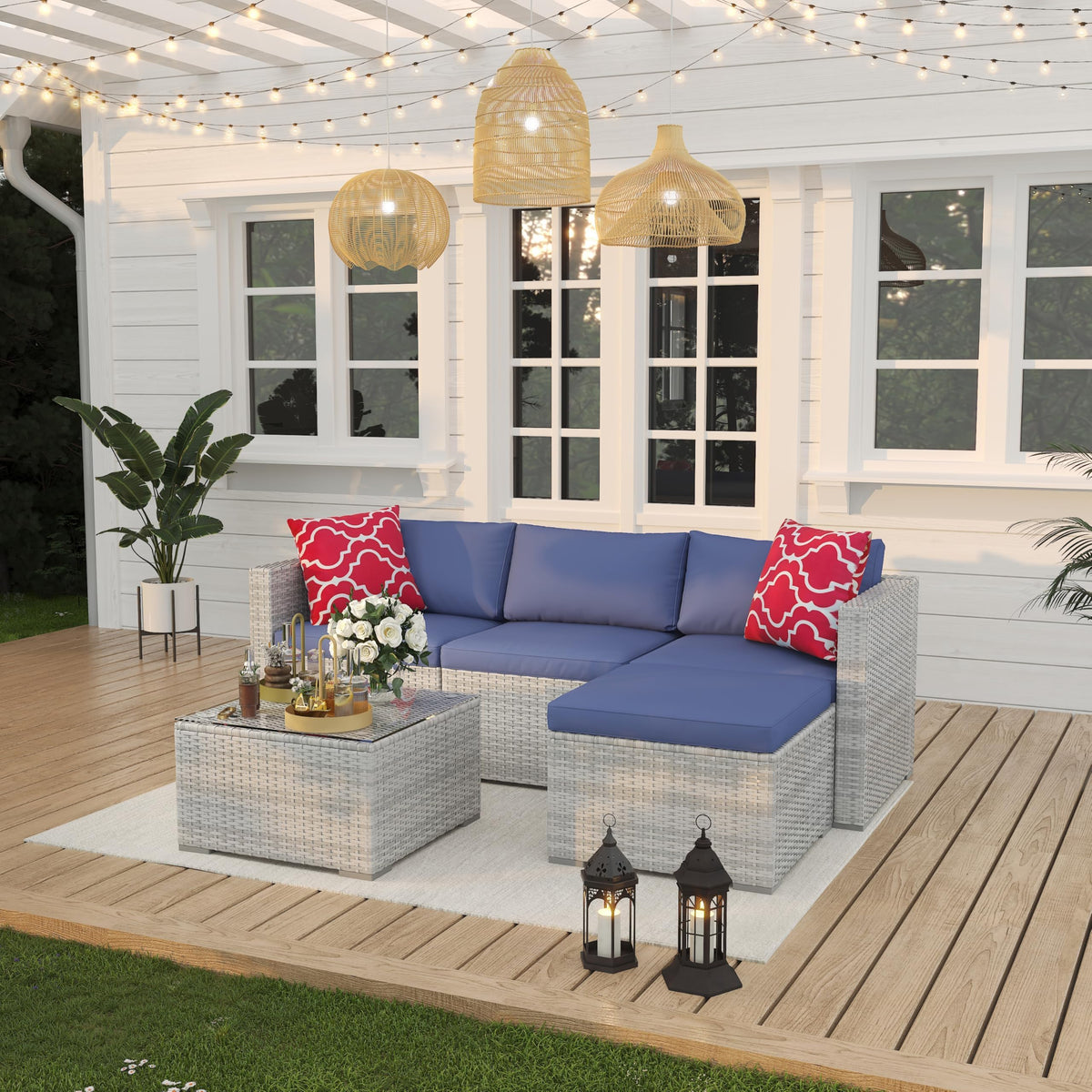 5-Piece Wicker Patio Furniture Set with Cushions & Coffee Table V45870