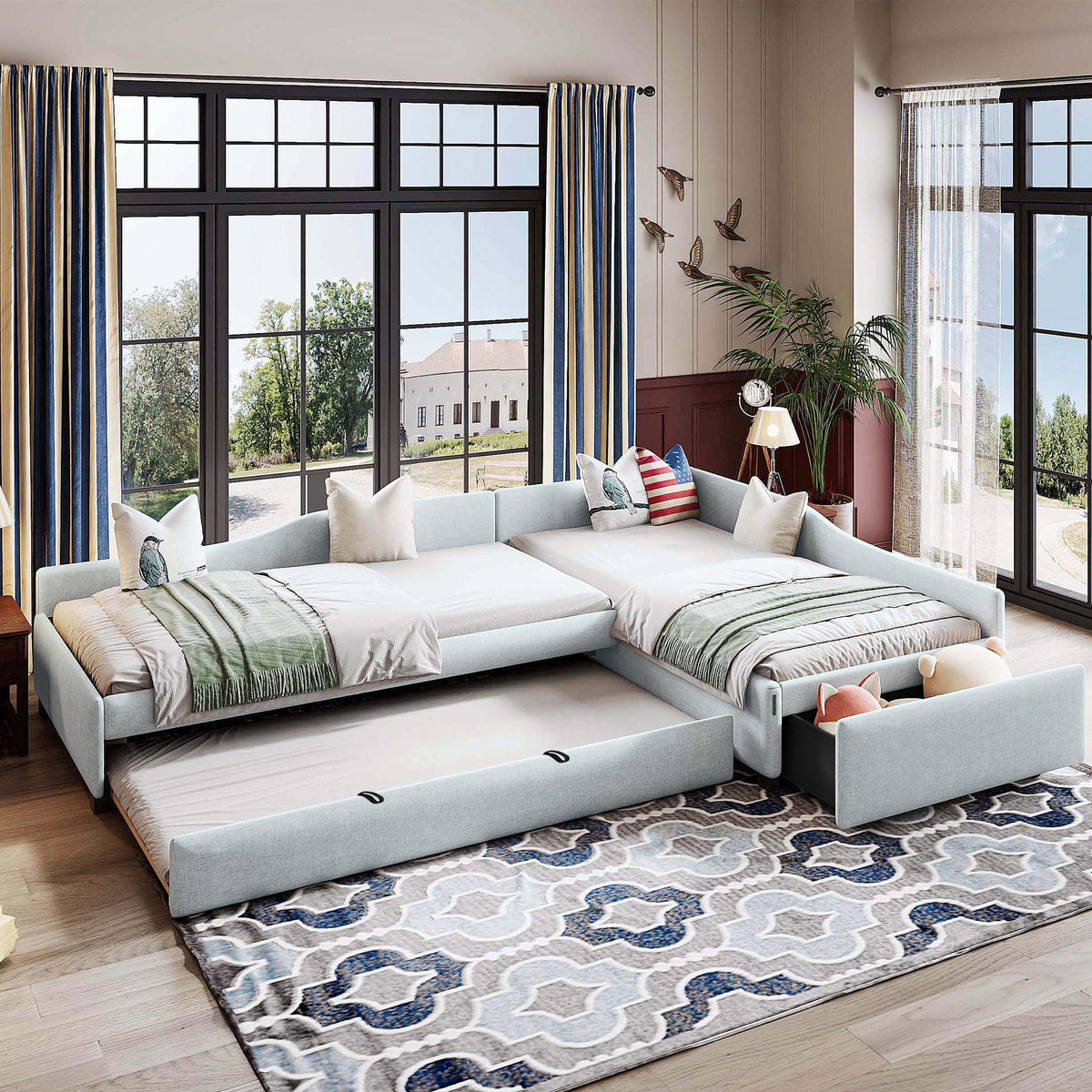 L Shaped Twin Corner Bed with Trundle and Storage Drawer Y7696