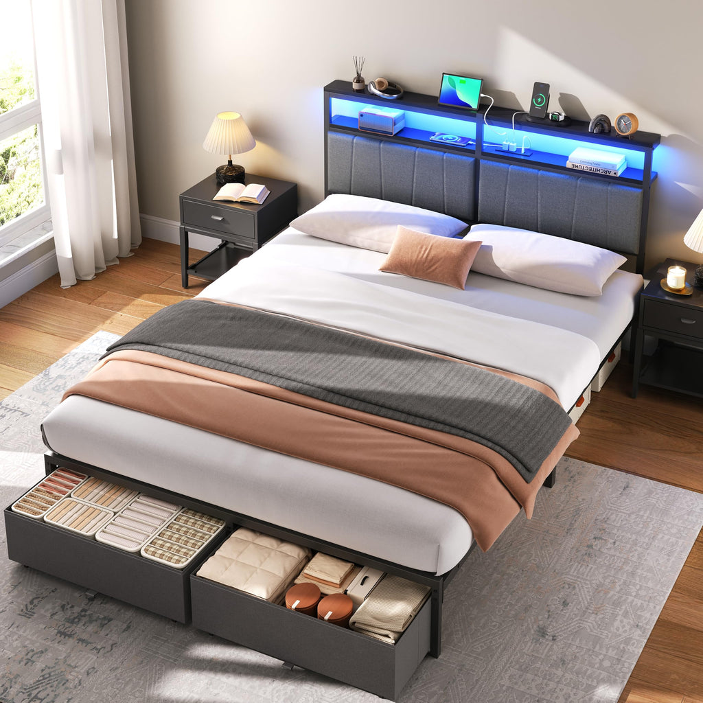 Queen Bed Frame with Storage Drawers and Charging Station X3296