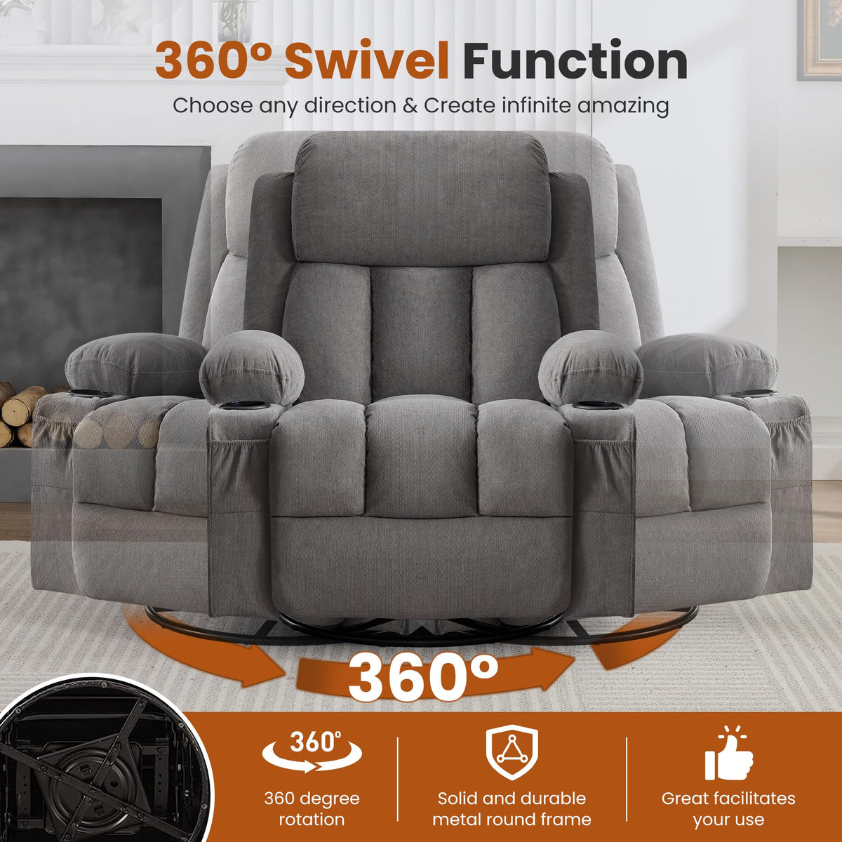 Swivel Rocker Recliner Chair with Massage and Heat E3455