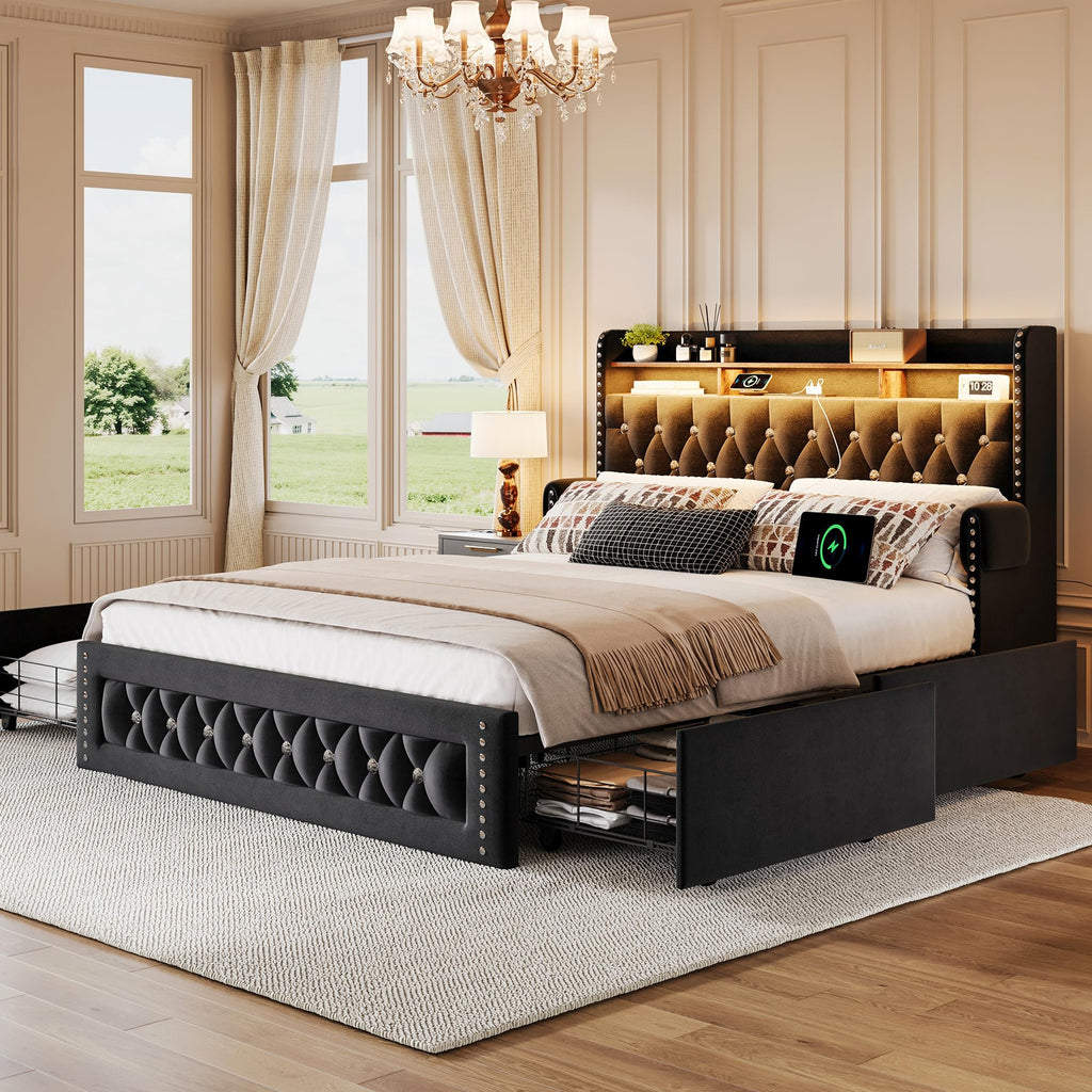 Queen Size Velvet Upholstered Platform Bed with 4 Storage Drawers K843114