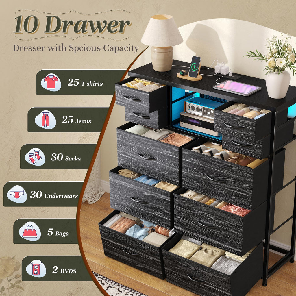 Black 10 Drawer Dresser with Charging Station F726