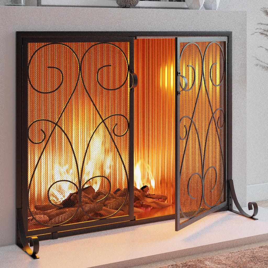 2-Panel Wrought Iron Fireplace Screen with Doors Black O754