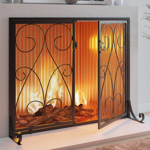 2-Panel Wrought Iron Fireplace Screen with Doors Black O754