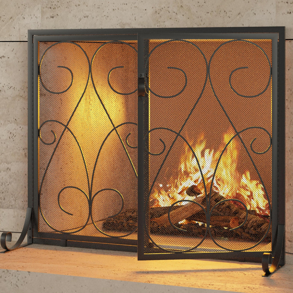 2-Panel Wrought Iron Fireplace Screen with Doors Black O754