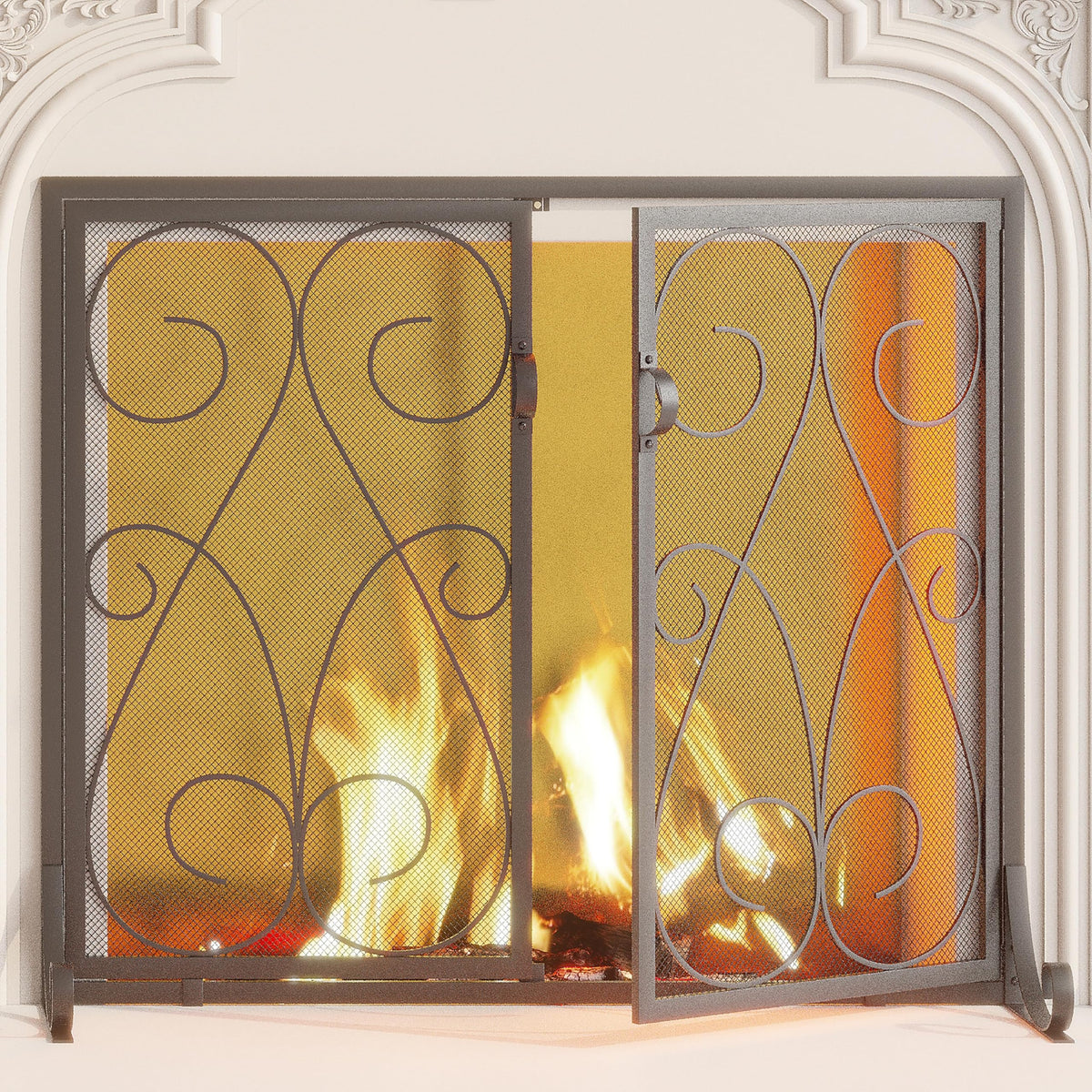 2-Panel Wrought Iron Fireplace Screen with Doors Black O754
