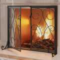 2-Panel Wrought Iron Fireplace Screen with Doors Black O754